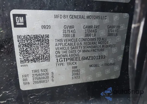 2021 GMC Sierra K1500 At4 z USA, uszkodzony, nr VIN 1GTP9EEL6MZ101193